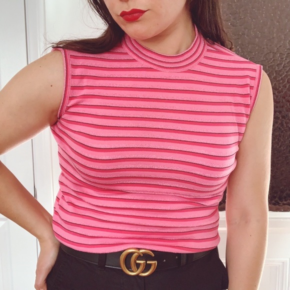 Vintage Pink Knit Striped Mock Neck Top - Picture 3 of 6